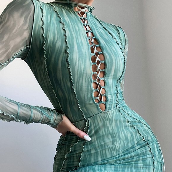 House of CB 'Dylan' Green Colour Ivy Printed Mesh Lace Up Mini Dress - Picture 8 of 14